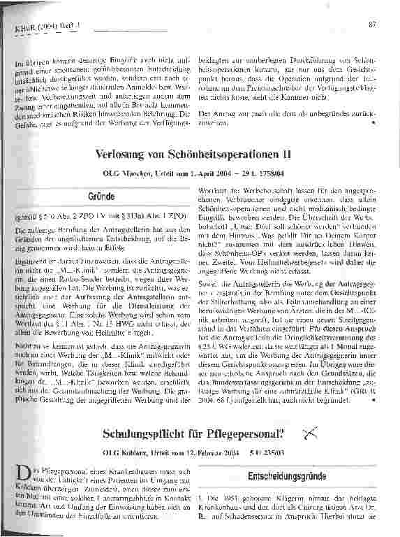 Vorschauseite 1: Schulungspflicht für Pflegepersonal?OLG Koblenz, Urteil vom 12. Februar 2004 - 5 U 235/03