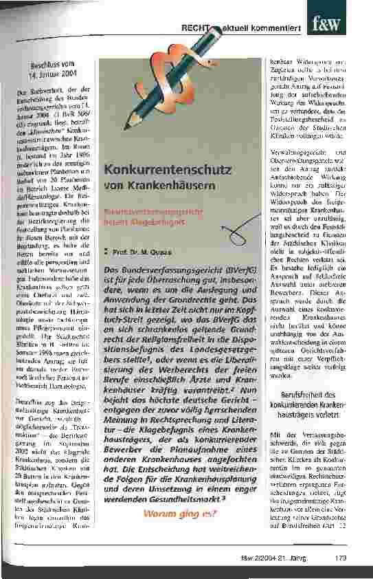 Vorschauseite 1: Konkurrentenschutz von Krankenhäusern Bundesverfassungsgericht bejaht Klagebefugnis