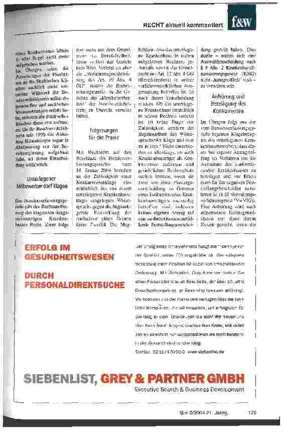Vorschauseite 3: Konkurrentenschutz von Krankenhäusern Bundesverfassungsgericht bejaht Klagebefugnis