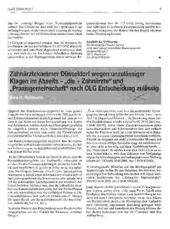 Vorschauseite 1: Zahnärztekammer Düsseldorf wegen unzulässiger Klagen im Abseits - die + Zahnärzte und Praxisgemeinschaft nach OLG Entscheidung zulässig