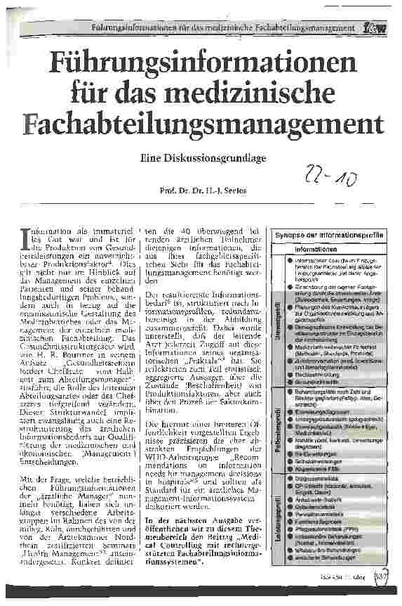 Vorschauseite 1: Führungsinformationen für das medizinische Fachabteilungsmanagement Eine Diskussionsgrundlage