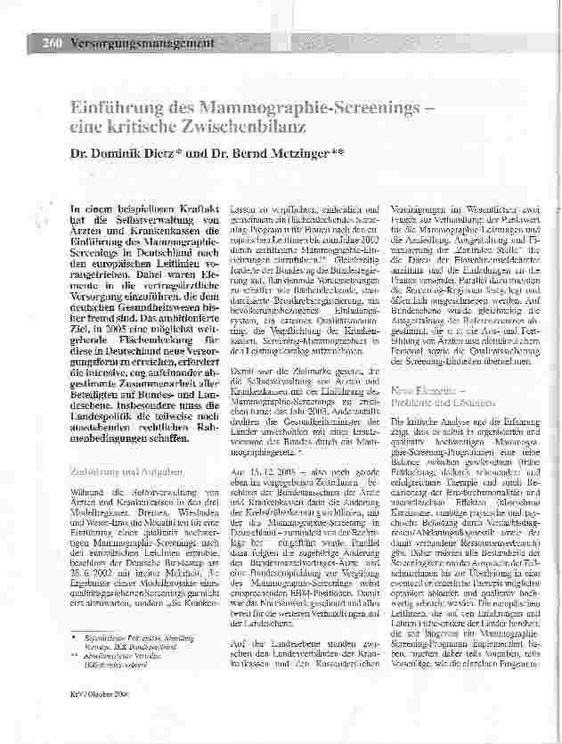 Vorschauseite 1: Einführung des Mammographie-Screenings -eine kritische Zwischenbilanz