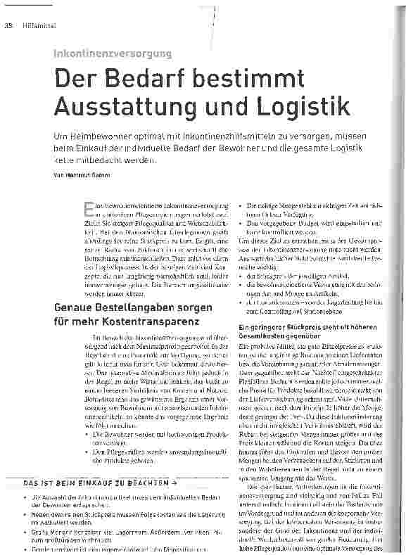 Vorschauseite 1: Der Bedarf bestimmt Ausstattung und LogistikInkontinenzversorgung