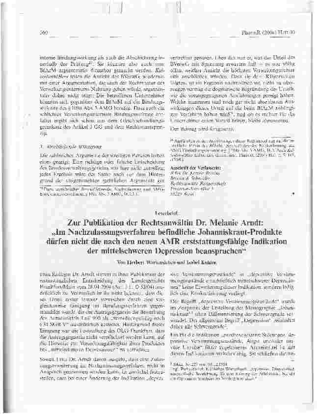 Vorschauseite 1: Zur Publikation der Rechtsanwältin Dr. Melanie Arndt:Im Nachzulassungsverfahren befindliche Johanniskraut-Produktedürfen nicht die nach den neuen AMR erststattungsfähige Indikatio…