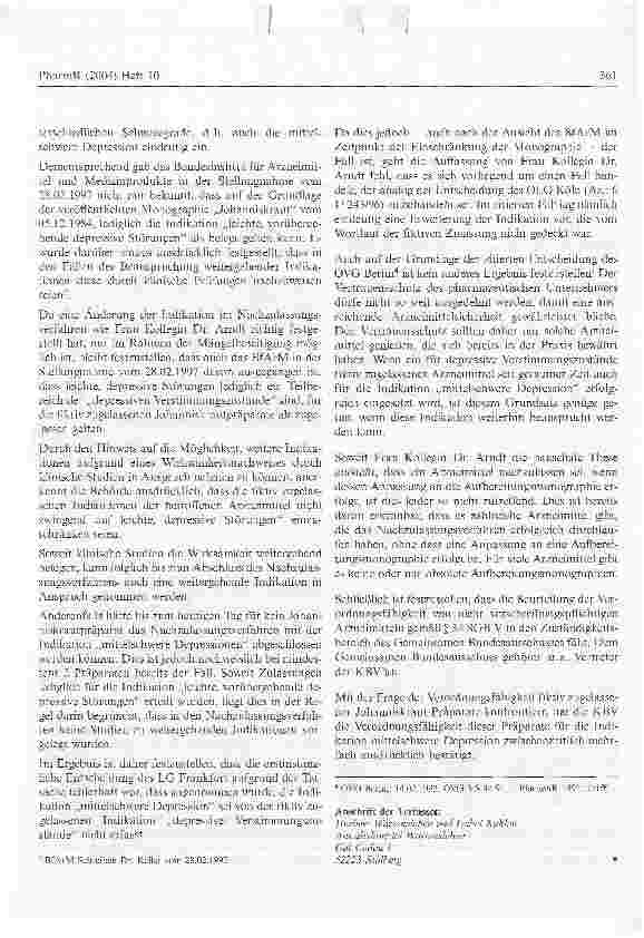 Vorschauseite 2: Zur Publikation der Rechtsanwältin Dr. Melanie Arndt:Im Nachzulassungsverfahren befindliche Johanniskraut-Produktedürfen nicht die nach den neuen AMR erststattungsfähige Indikatio…
