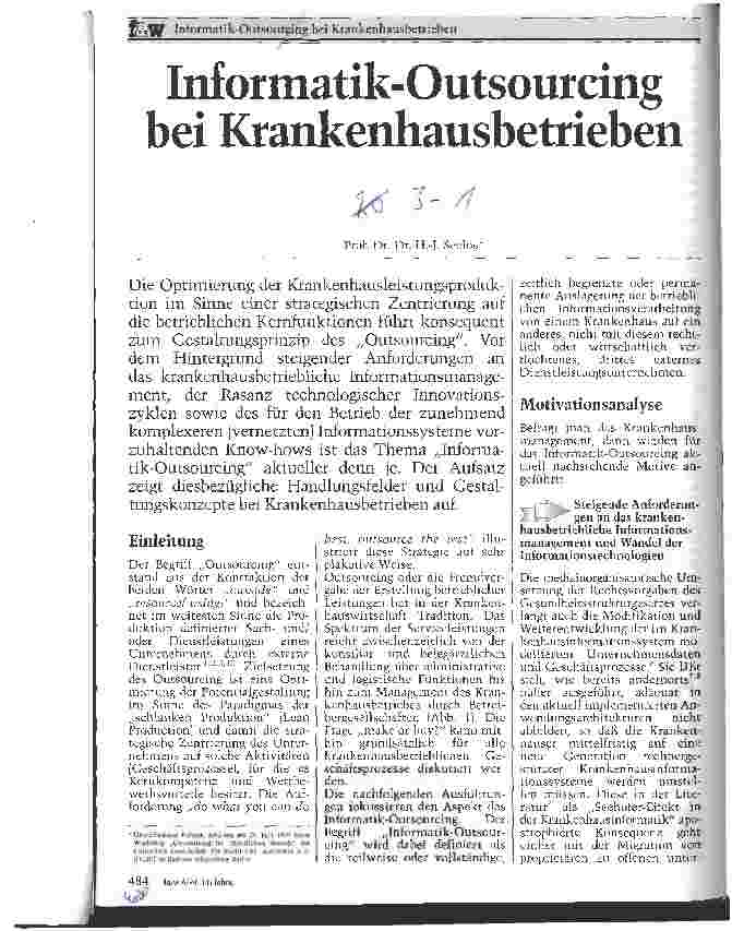 Vorschauseite 1: Informatik-Outsourcing bei Krankenhausbetrieben