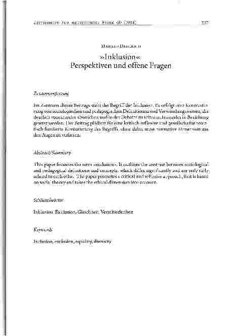 Vorschauseite 1: »Inklusion« Perspektiven und offene Fragen