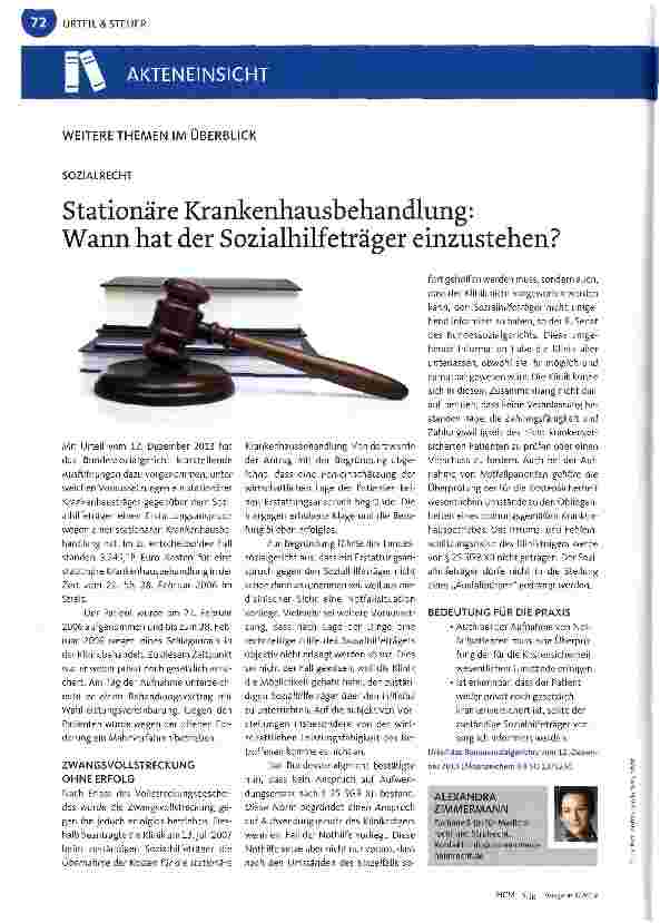 Vorschauseite 1: SOZIALRECHTStationäre Krankenhausbehandlung: Wann hat der Sozialhilfeträger einzustehen