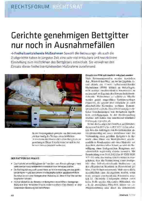 Vorschauseite 1: Gerichte genehmigen Bettgitter nur noch in Ausnahmefällen