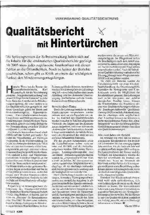 Vorschauseite 1: Qualitätsbericht mit Hintertürchen Vereinbarung Qualitätssicherung