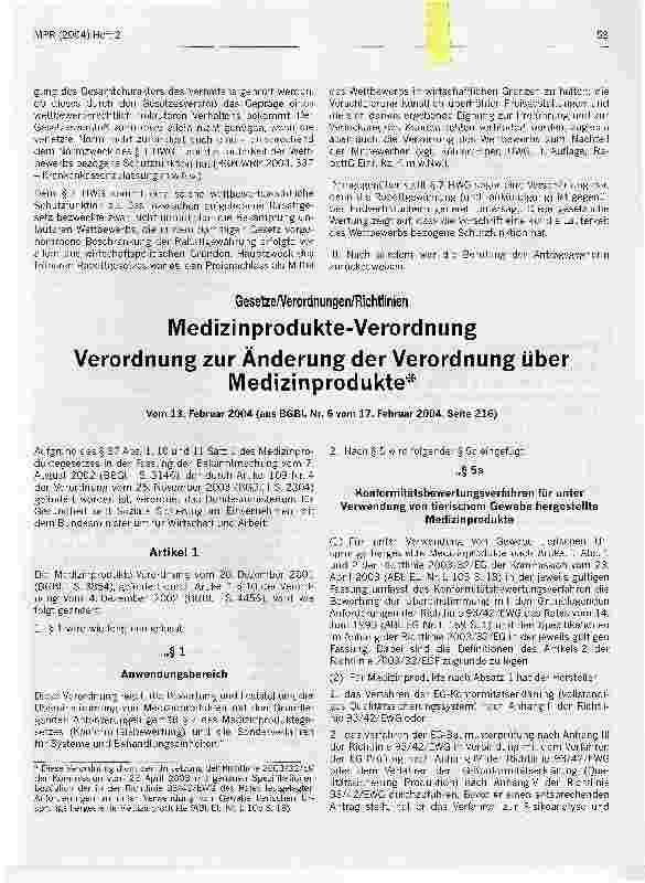 Vorschauseite 1: Medizinprodukte-VerordnungVerordnung zur Änderung der Verordnung über Medizinprodukte