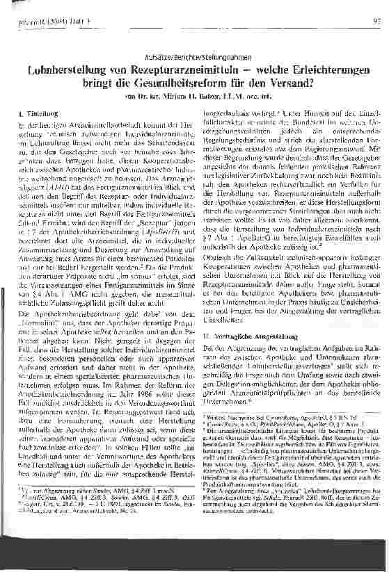 Vorschauseite 1: Lohnherstellung von Rezepturarzneimitteln - welche Erleichterungen bringt die Gesundheitsreform für den Versand?