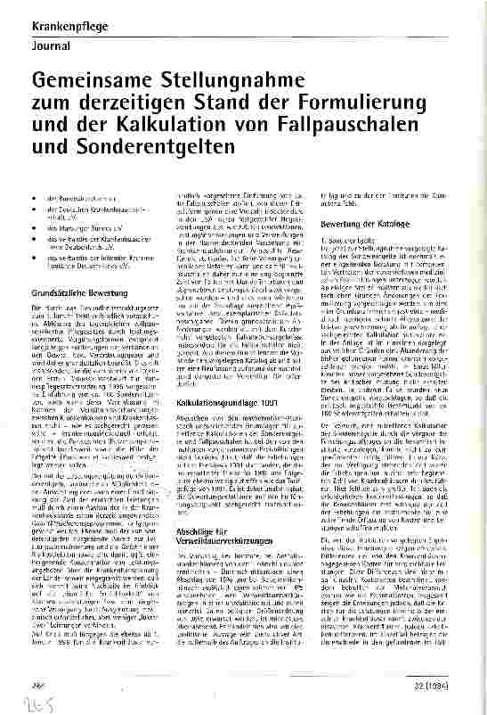 Vorschauseite 1: Gemeinsame Stellungnahme zum derzeitigen Stand der Formulierung und der Kalkulation von Fallpauschalen und Sonderentgelten