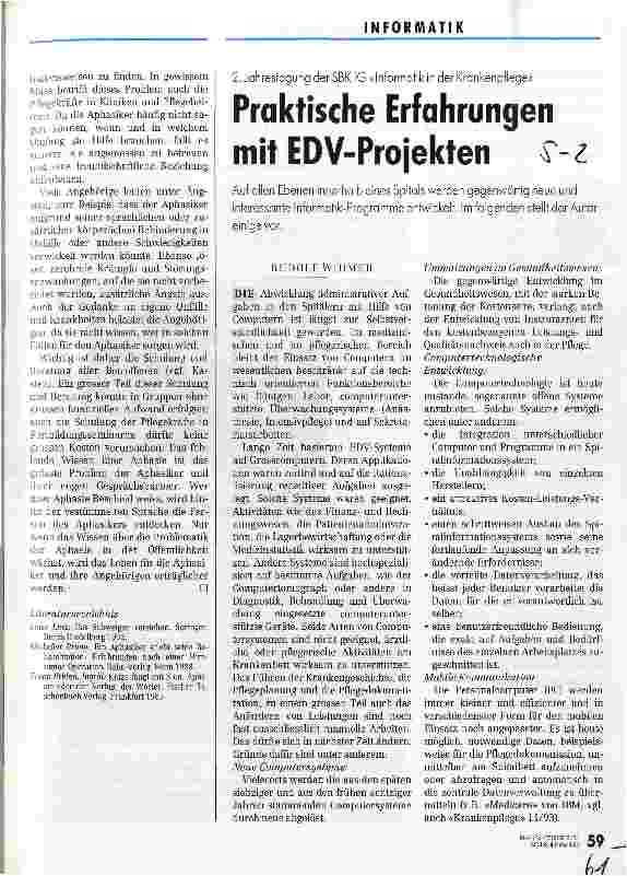 Vorschauseite 1: Praktische Erfahrungen mit EDV-Projekten 2. Jahrestagung der SBK IG Informatik in der Krankenpflege