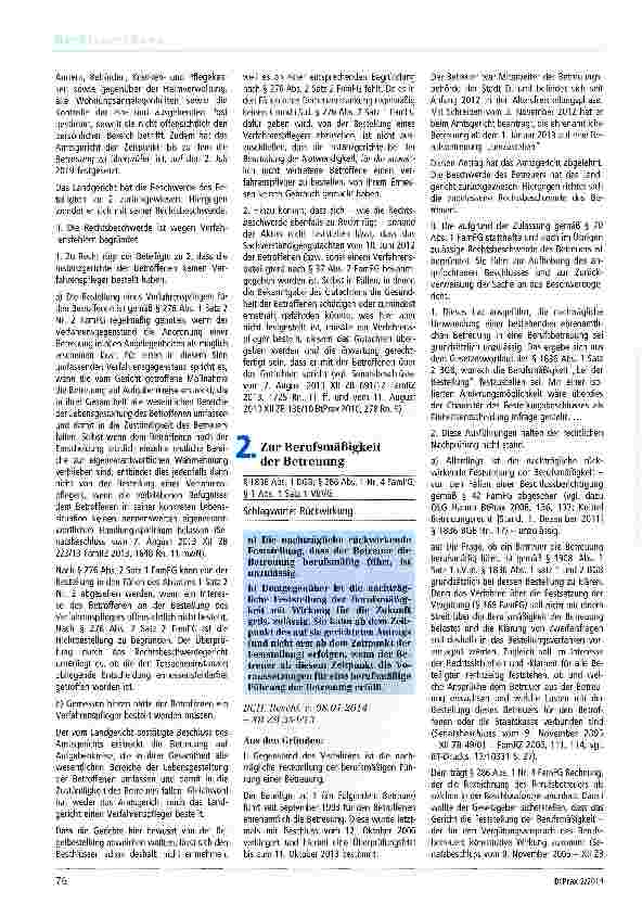 Vorschauseite 1: Zur Berufsmäßigkeit der Betreuung § 1836 Abs. 1 BGB; § 286 Abs. 1 Nr. 4 FamFG;§ 1 Abs. 1 Satz 1 VBVG