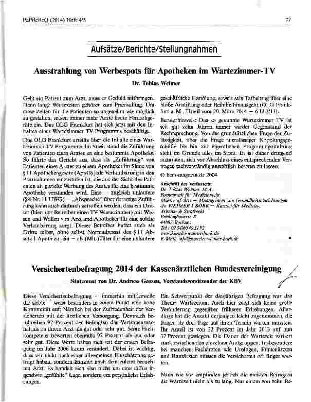 Vorschauseite 1: Versichertenbefragung 2014 der Kassenärztlichen Bundesvereinigung