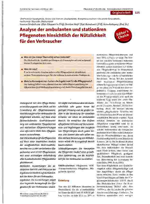 Vorschauseite 1: Analyse der ambulanten und stationären Pflegenoten hinsichtlich der Nützlichkeit für den Verbraucher
