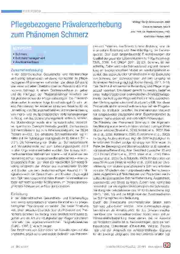 Vorschauseite 1: Pflegebezogene Prävalenzerhebung zum Phänomen Schmerz