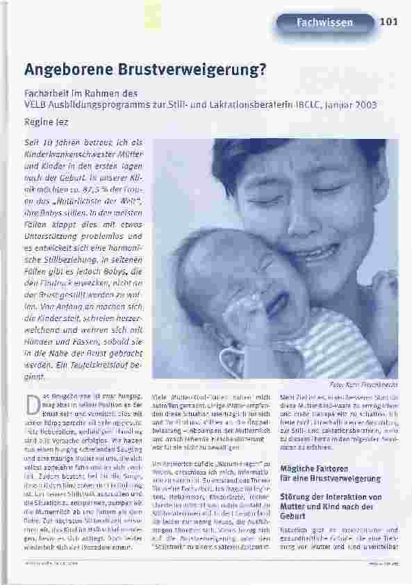 Vorschauseite 1: Angeborene Brustverweigerung? Facharbeit im Rahmen desVELB Ausbildungsprogramms zur Stillund Laktationsberaterin IBCLC, Januar 2003