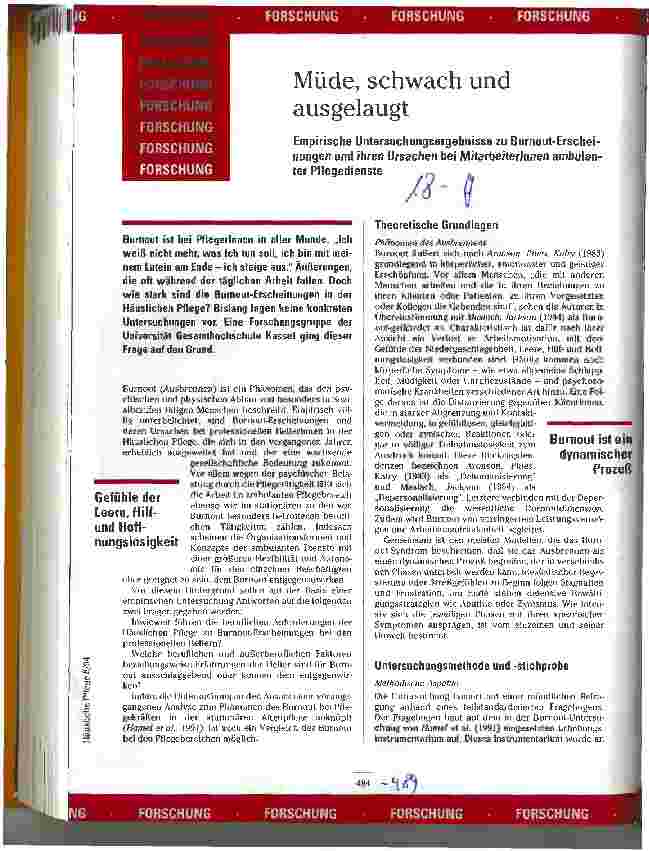 Vorschauseite 1: Müde, schwach und ausgelaugt Empirische Untersuchungen zu Burnout-Er scheinungen und ihren Ursachen bei den Mitarbeitern amb.PflDienste
