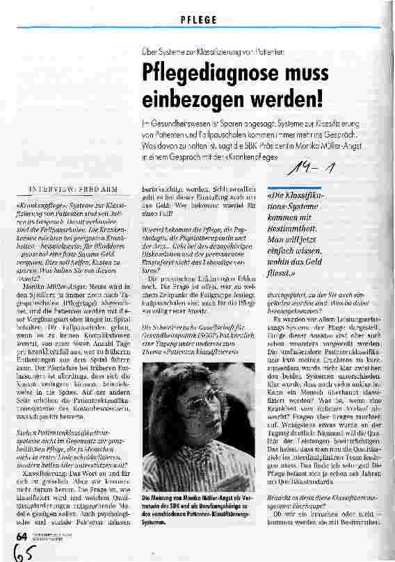 Vorschauseite 1: Pflegediagnose muß einbezogen werden! Interview m. M. Müller-Angst Über Systeme zur Klassifizierung von Patienten