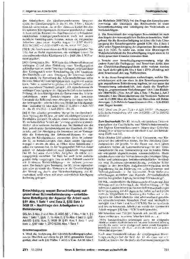 Vorschauseite 1: Entschädigung wegen Benachteiligung aufgrund einer Schwerbehinderung - unterbliebene Beteiligung der Agentur für Arbeit