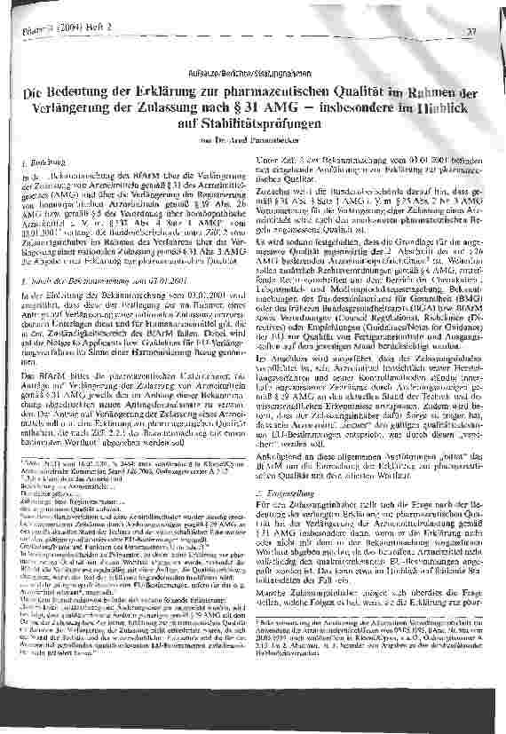 Vorschauseite 1: Die Bedeutung der Erklärung zur pharmazeutischen Qualität im Rahmen der Verlängerung der Zulassung nach § 31 AMG Insbesondere im Hinblick auf Stabilitätsprüfung