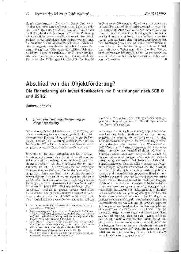 Vorschauseite 1: Abschied von der Objektförderung? Die Finanzierung der Investitionskosten von Einrichtungen nach SGB XI und BSHG