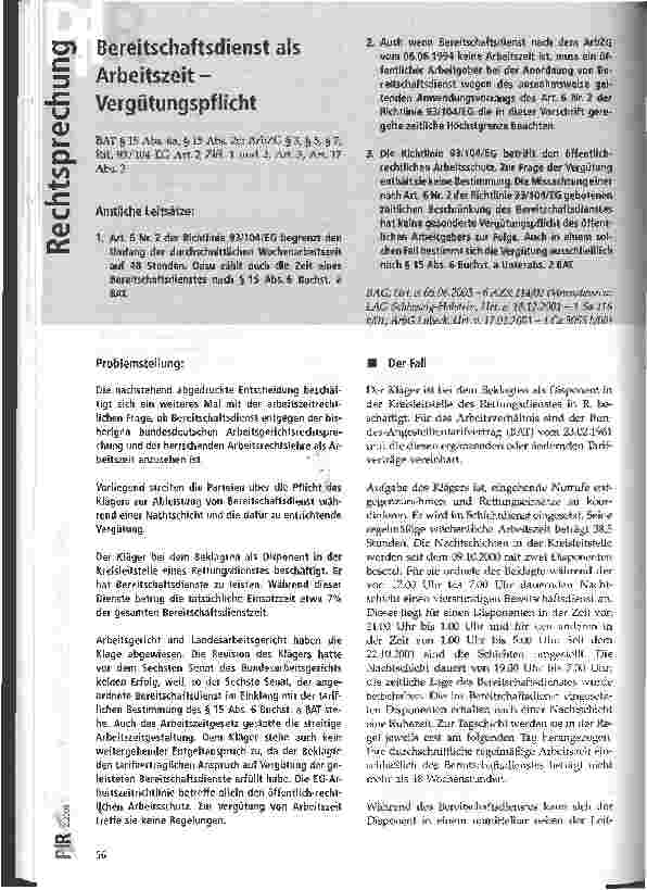 Vorschauseite 1: Bereitschaftsdienst als Arbeitszeit - Vergütungspflicht BAG, Urt. v. 0506.2003