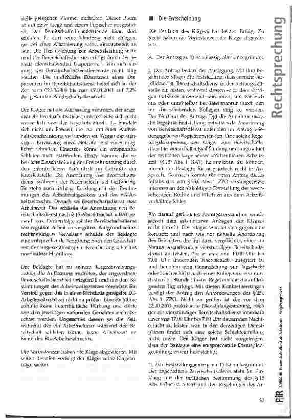 Vorschauseite 2: Bereitschaftsdienst als Arbeitszeit - Vergütungspflicht BAG, Urt. v. 0506.2003