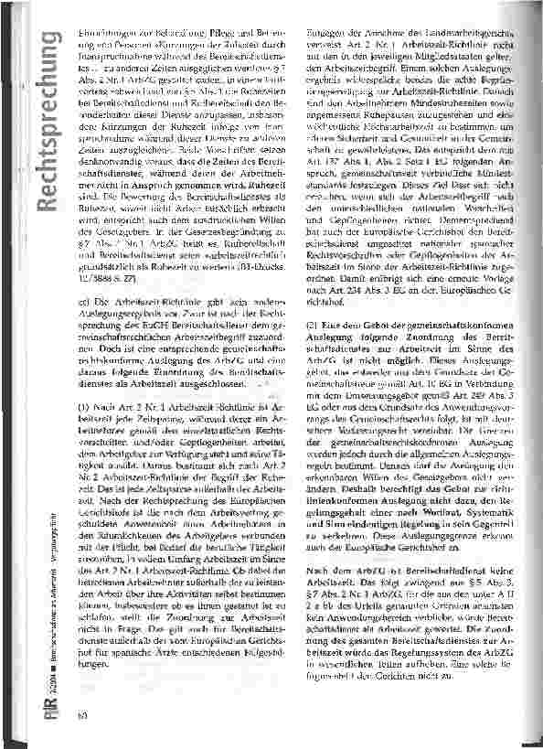 Vorschauseite 5: Bereitschaftsdienst als Arbeitszeit - Vergütungspflicht BAG, Urt. v. 0506.2003