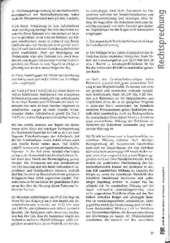 Vorschauseite 6: Bereitschaftsdienst als Arbeitszeit - Vergütungspflicht BAG, Urt. v. 0506.2003