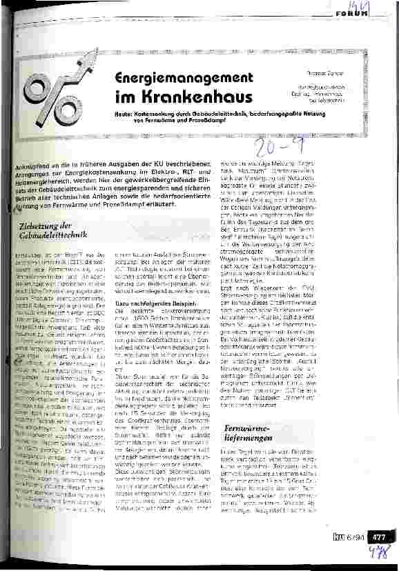 Vorschauseite 1: Energiemanagement im Krankenhaus Heute: Kostensenkung durch Gebäudeleittechnik, bedarfsangepaßte Nutzung von Fernwärme und Prozeßdampf