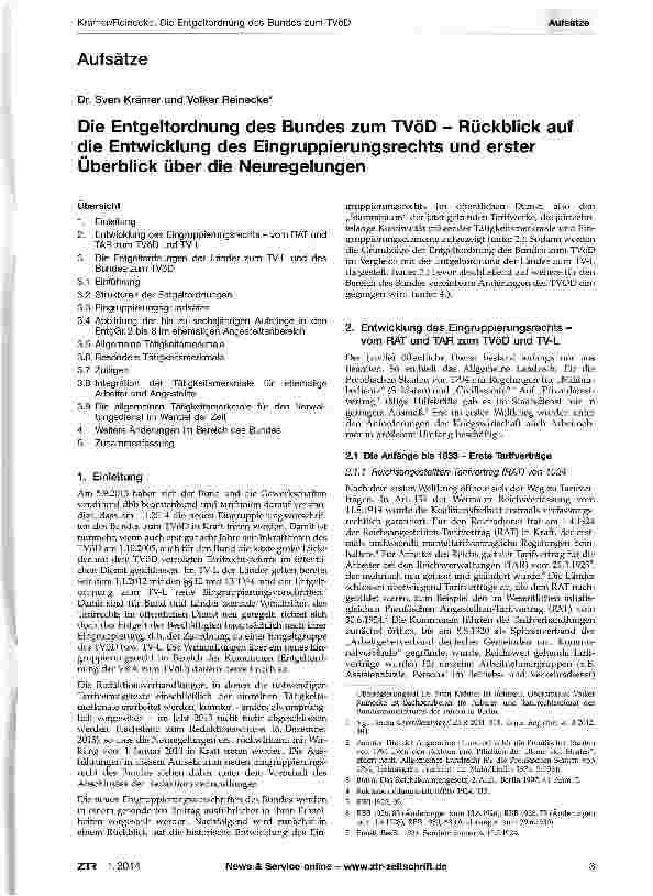 Vorschauseite 1: Die Entgeltordnung des Bundes zum TVöD - Rückblick auf die Entwicklung des Eingruppierungsrechts und erster Überblick über die Neuregelungen