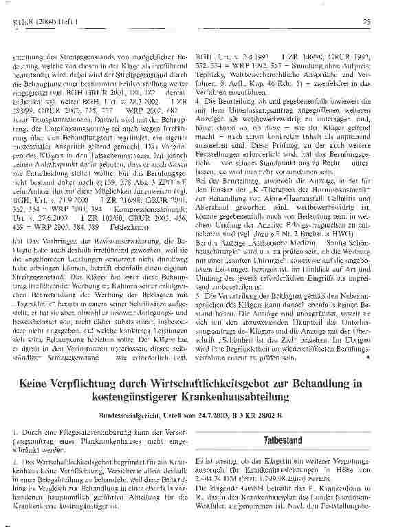 Vorschauseite 1: Keine Verpflichtung durch Wirtschaftlichkeitsgebot zur Behandlung in kostengünstigerer Krankenhausabteilung