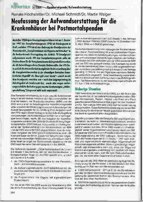 Vorschauseite 1: Neufassung der Aufwandserstattung für die Krankenhäuser bei Postmortalspenden