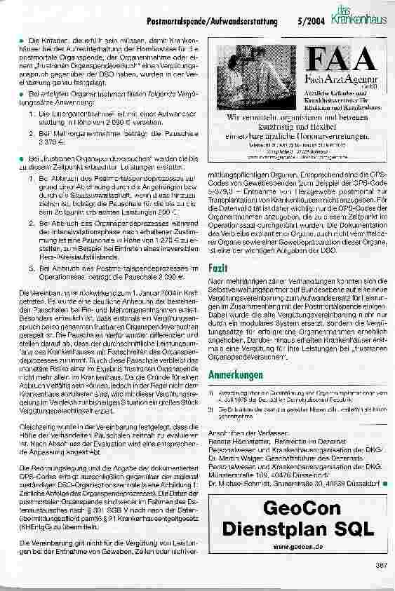 Vorschauseite 4: Neufassung der Aufwandserstattung für die Krankenhäuser bei Postmortalspenden