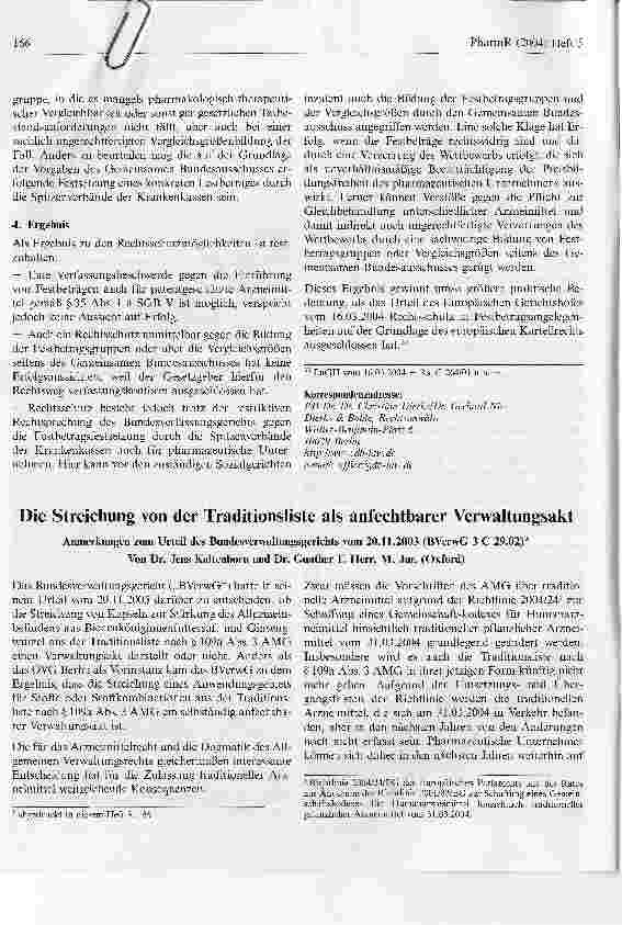 Vorschauseite 1: Die Streichung von der Traditionsliste als anfechtbarer VerwaltungsaktAnmerkungen zum Urteil des Bundesverwaltungsgerichts vom 20.11.2003 (BVerwG 3 C 29.02)*