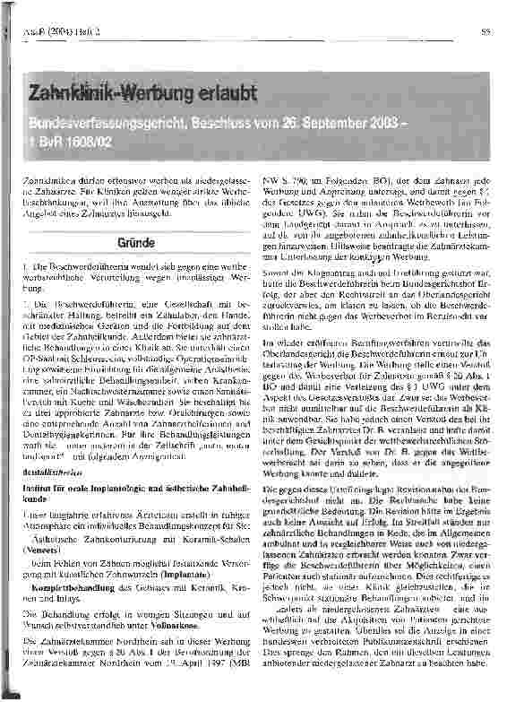 Vorschauseite 1: Zahnklinik-Werbung erlaubt
