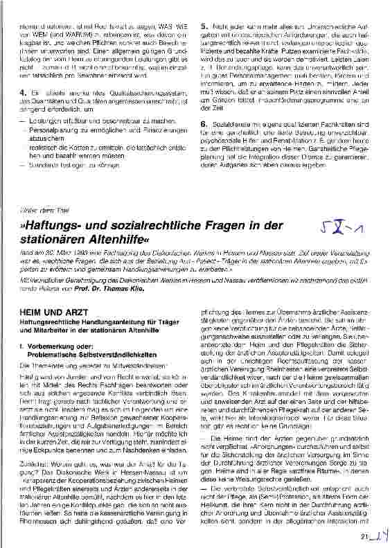 Vorschauseite 1: Haftungsund Sozialrechtliche Fragen in der stationären Altenhilfe Heim und Arzt