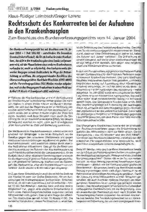 Vorschauseite 1: Rechtsschutz des Konkurrenten bei der Aufnahme in den Krankenhausplan Zum Beschluss des Bundesverfassungsgerichts vom 14. Januar 2004
