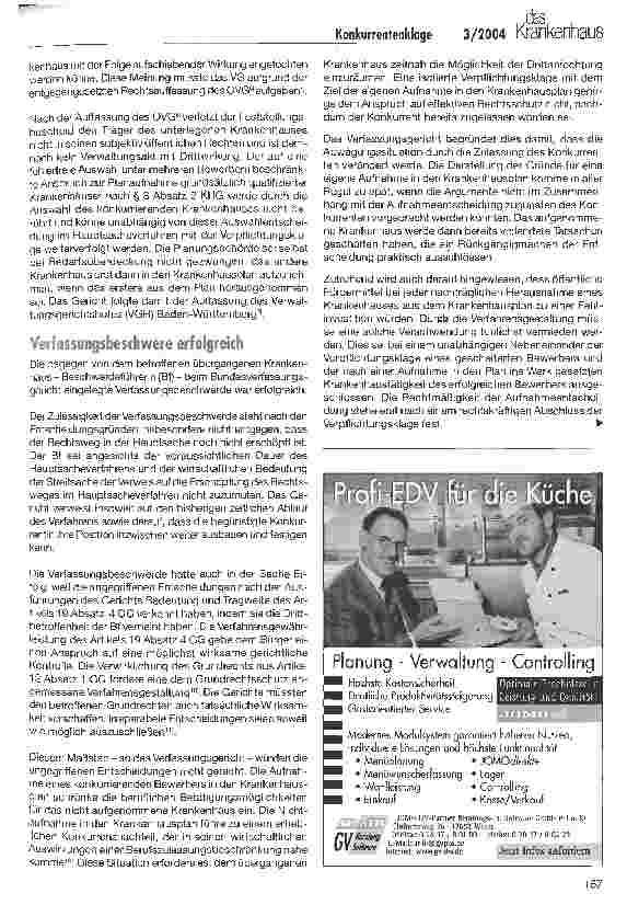 Vorschauseite 2: Rechtsschutz des Konkurrenten bei der Aufnahme in den Krankenhausplan Zum Beschluss des Bundesverfassungsgerichts vom 14. Januar 2004