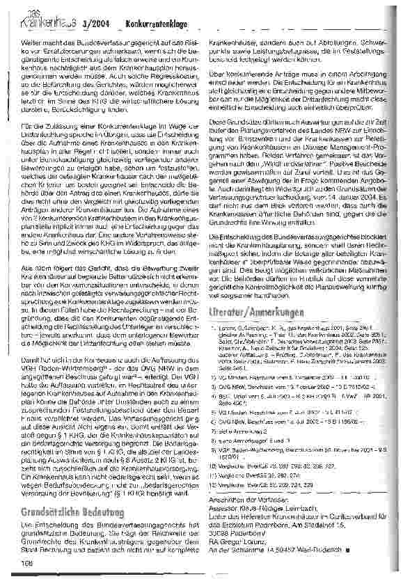 Vorschauseite 3: Rechtsschutz des Konkurrenten bei der Aufnahme in den Krankenhausplan Zum Beschluss des Bundesverfassungsgerichts vom 14. Januar 2004