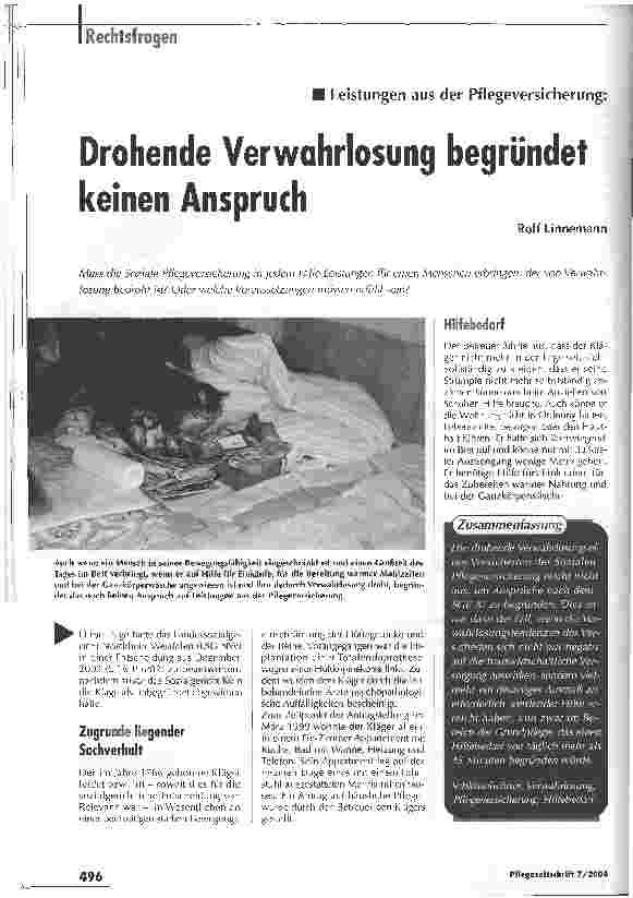 Vorschauseite 1: Drohende Verwahrlosung begründet keinen AnspruchLeistungen aus der Pflegeversicherung