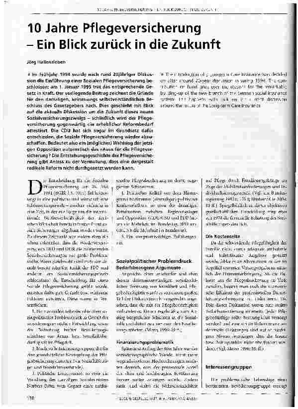 Vorschauseite 1: 10 Jahre Pflegeversicherung - Ein Blick zurück in die Zukunft