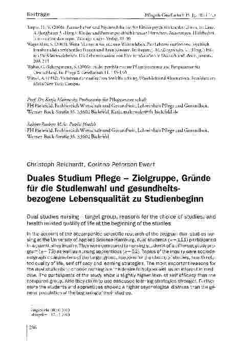 Vorschauseite 1: Duales Studium Pflege - Zielgruppe, Gründe für die Studienwahl und gesundheitsbezogene Lebensqualität zu Studienbeginn