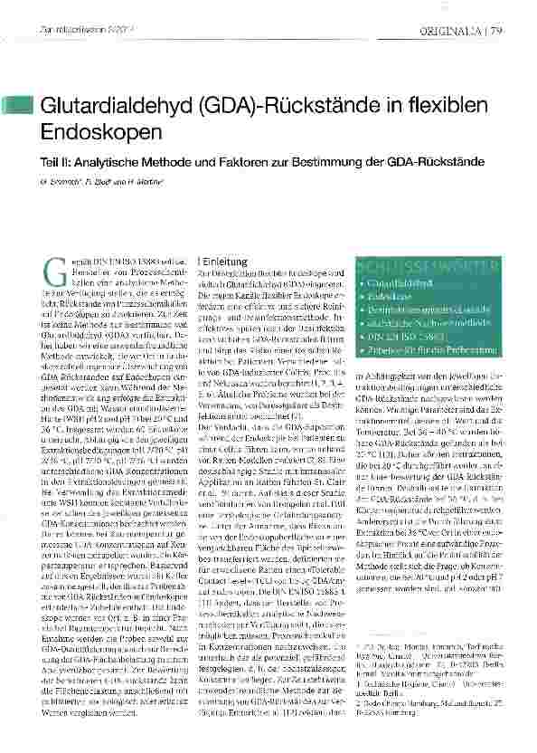 Vorschauseite 1: Glutardialdehyd (GDA)-Rückstände in flexiblen Endoskopen Teil II: Analytische Methode und Faktoren zur Bestimmung der GDA-Rückstände