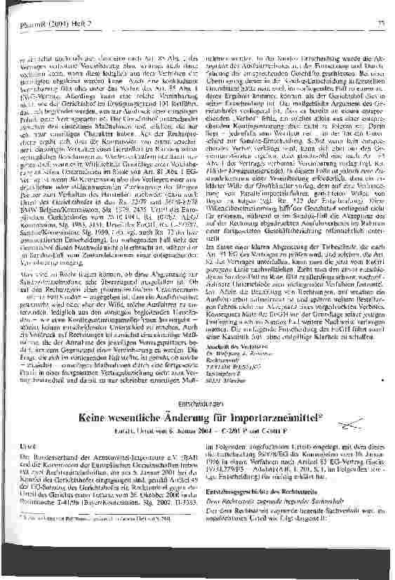 Vorschauseite 1: Keine wesentliche Änderung für Importarzneimittel EuGH, Urteil vom 6. Januar 2004