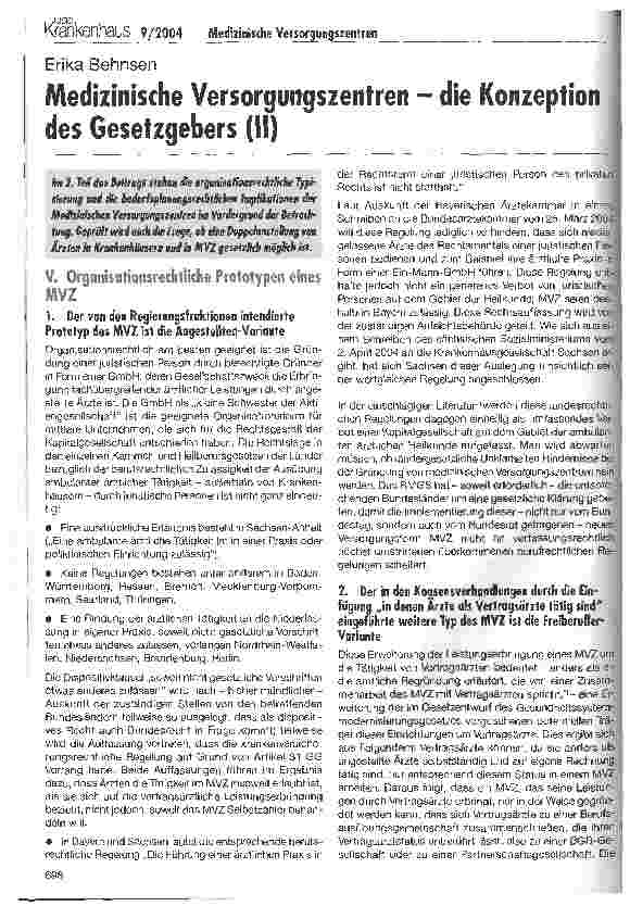 Vorschauseite 1: Medizinische Versorgungszentren - die Konzeption des Gesetzgebers (II)