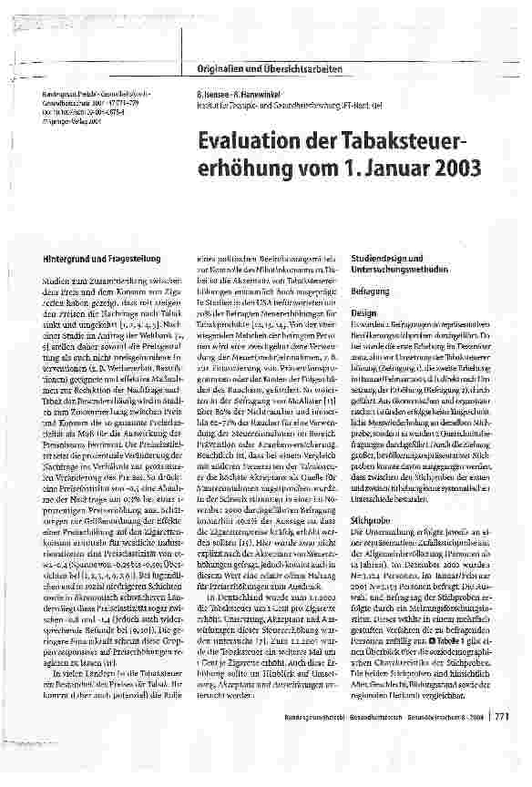 Vorschauseite 1: Evaluation der Tabaksteuererhöhung vom 1. Januar 2003